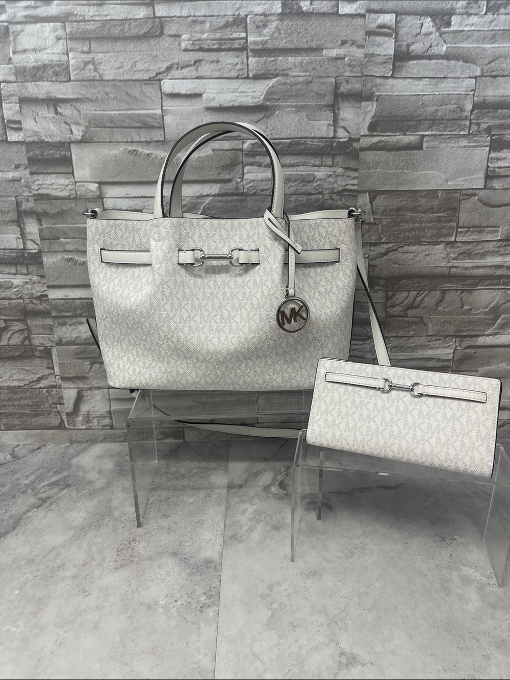 Michael Kors Carson MK Signature Logo Satchel & Matching Wallet Optic White